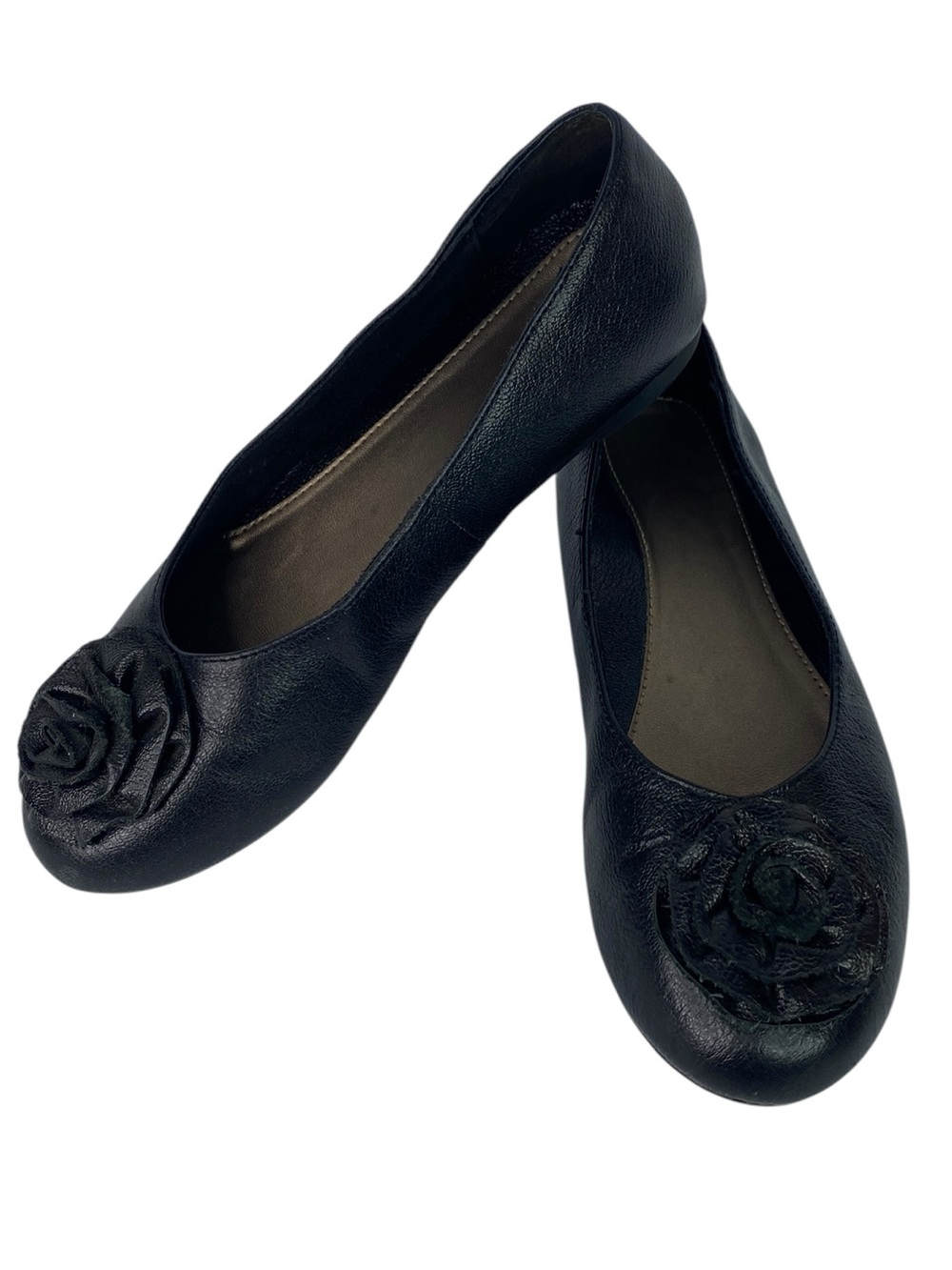 Aetrex Shoes Womens Size 7 Black Leather Ballet Flats Flower ES200W Comfort